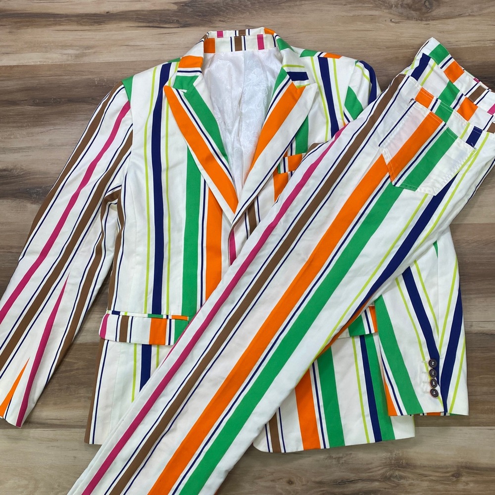 Mr Turk Suit Set 42/34 Striped Cotton Blend Slim Fit Multicolor Blazer Pants